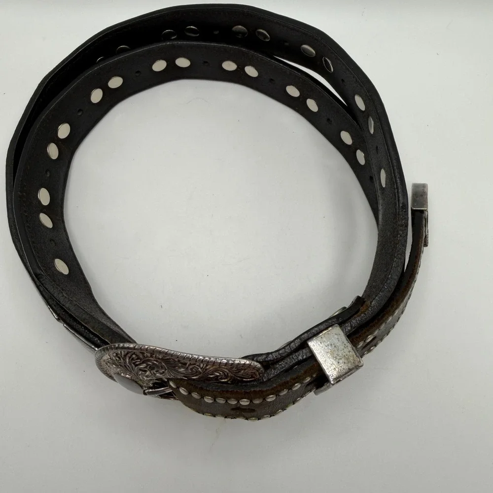Nadim USA Mens Western Leather Square‎ Concho Belt Brown Silver Studded 42